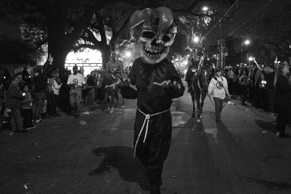 A large skeleton leads the Krewe D'Etat Mardi Gras parade in New Orleans, LA on February 8, 2013